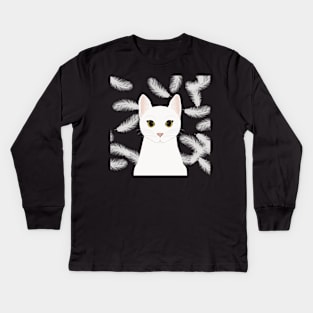 The cute white cat queen is watching you , white feathers on the black background Kids Long Sleeve T-Shirt